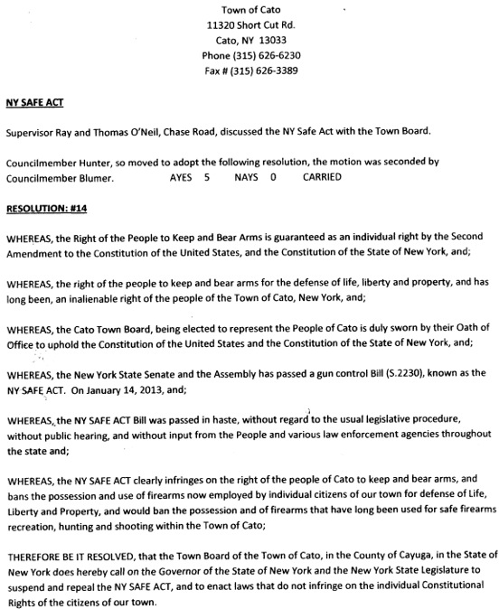 Page one of Town of Cato resolution calling for repeal of the NY SAFE act