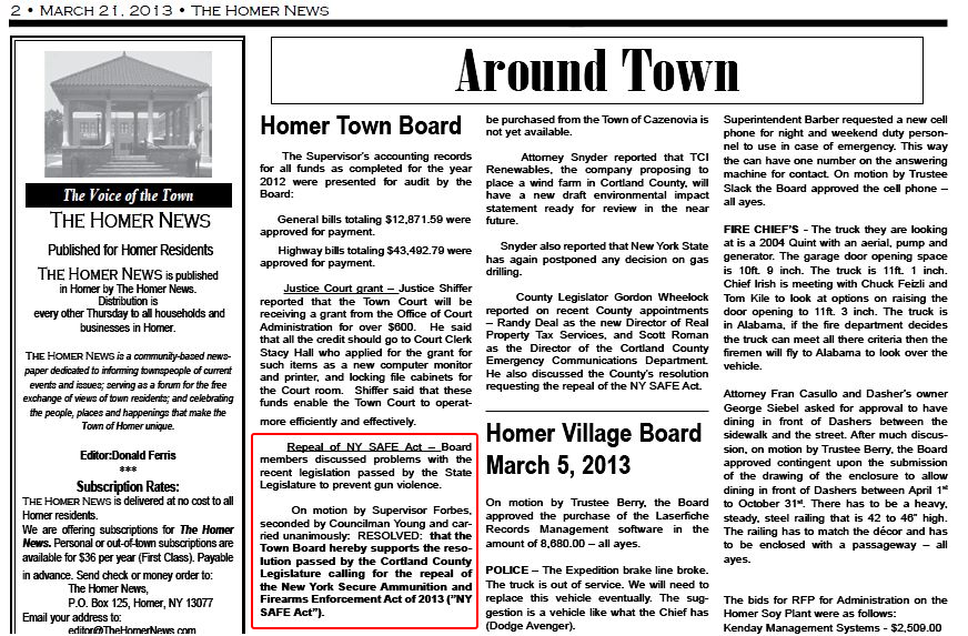 Town of Homer SAFE act 07 Mar 2013